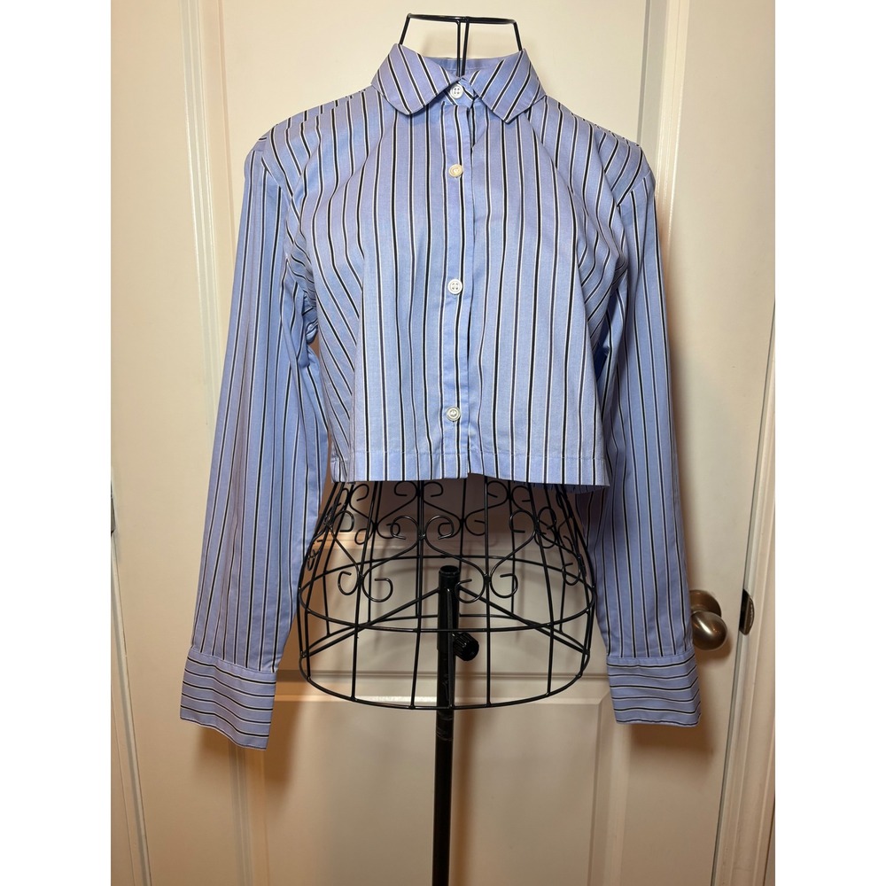 H&M Divided Blue Striped Cropped Button Down Shirt Long‎ Sleeve XXS